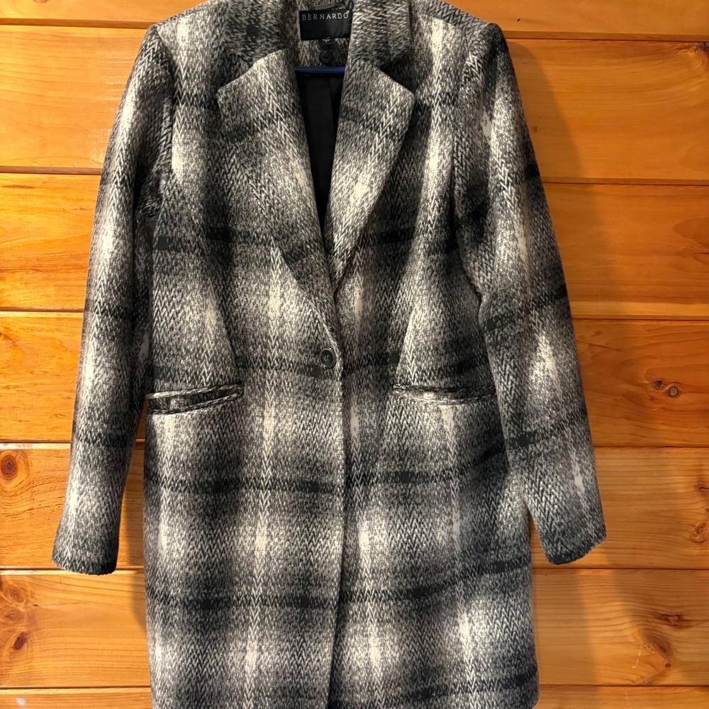 Bernardo Womens Grey Plaid Herringbone Single Button Long Coat Size S 21230B928